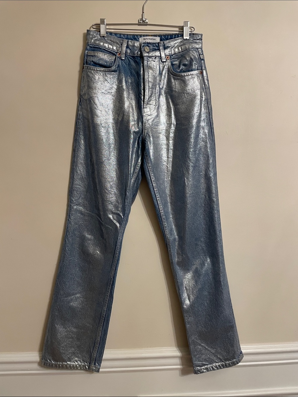 Reformation Cynthia High Rise Coated Straight Jeans Silver Metallic 26